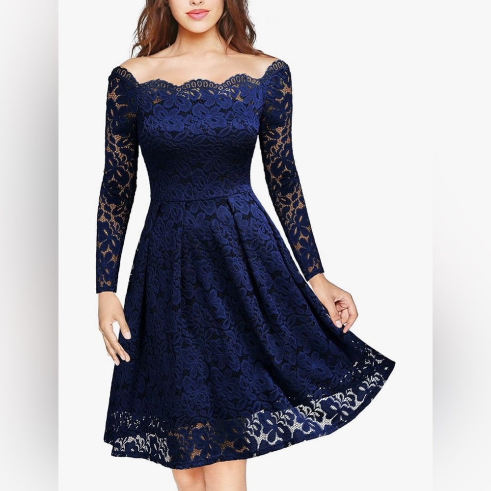 Off-Shoulder Navy Lace Fit & Flare Dress
